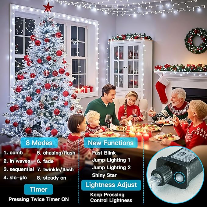 suddus 66ft 200 LED White String Lights with Timer, 12 Modes Christmas Fairy Lights Plug in, Connectable Indoor/Outdoor White Twinkle Lights for Xmas Tree, Bedroom, Garden, Wedding, Party Decorations