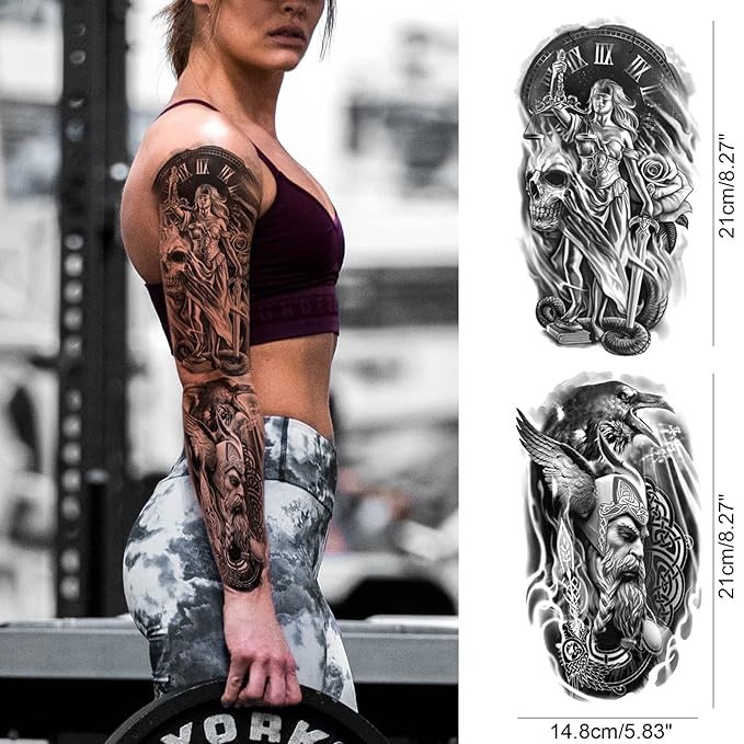 Greek Warrior Temporary Tattoo Sleeve for Men, 4-Sheet Full Arm Large Realistic Poseidon Knight Fake Tattoo Sleeve Adult Women and 4-Sheet Black Eye Greek Myth Half Arm Temp Tatoo Sticker Leg Body Art