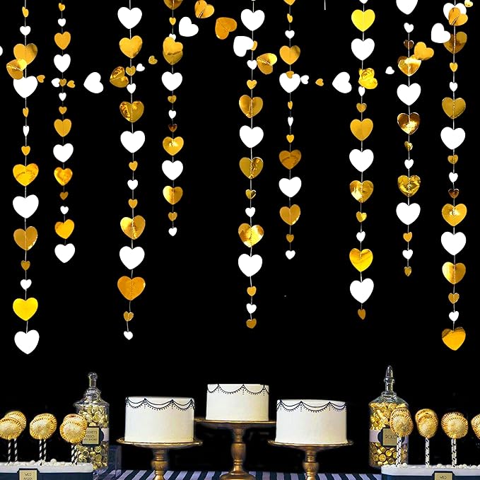 White Gold Heart Garland Hanging Paper Love Heart Streamer Banner for Baptism Engagement Anniversary Valentines Day Birthday Bachelorette Mothers Day Wedding Bridal Shower Party Decorations Supplies
