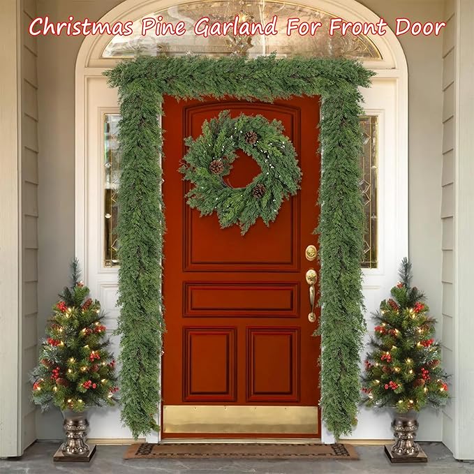 Artgar 9 Ft Christmas Cedar Garland - Realistic Greenery Cypress Garlands - Real Touch Artificial Pine Garland Christmas Decorations for Outdoor Home Dining Table Mantel Stair Porch Winter Xmas Decor