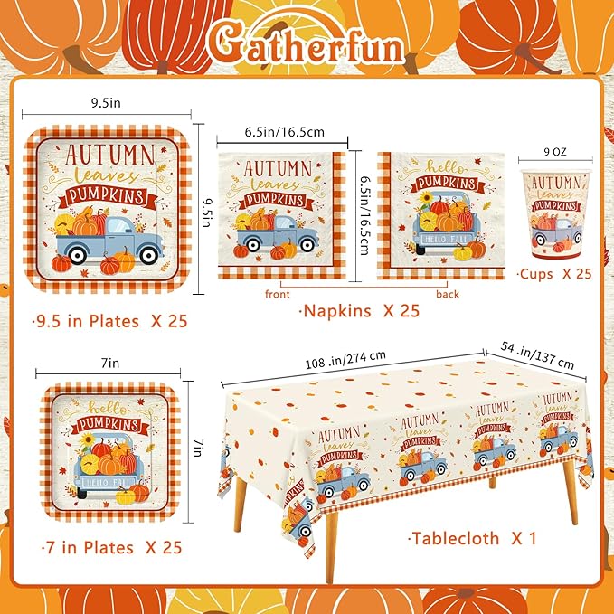 Fall Theme Party Supplies Kit, Serves 25: Complete Autumn Harvest Disposable Dinnerware Set - Includes Dinner & Plates, Napkins, Cups & Tablecloth. Thanksgiving/Autumn Party Decorations.