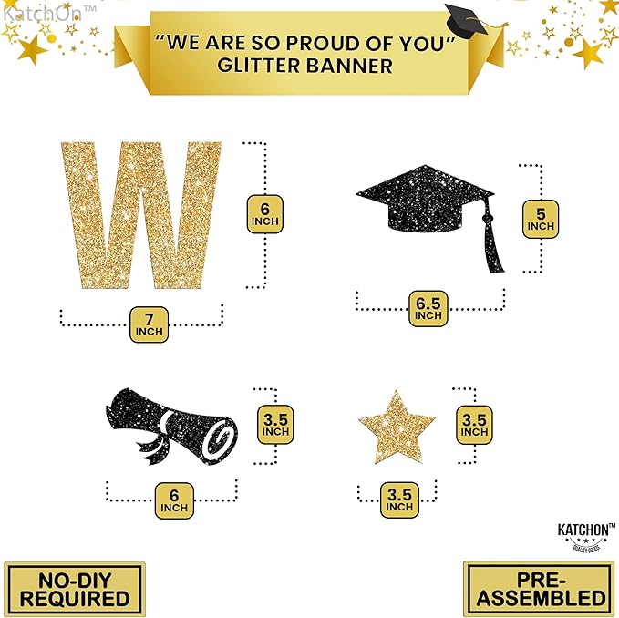 KatchOn, Glitter Gold We are So Proud of You Banner - 10 Feet, No DIY | Pre Strung Black and Gold Graduation Banner for Graduation Decorations 2025 | Class of 2025 Decorations