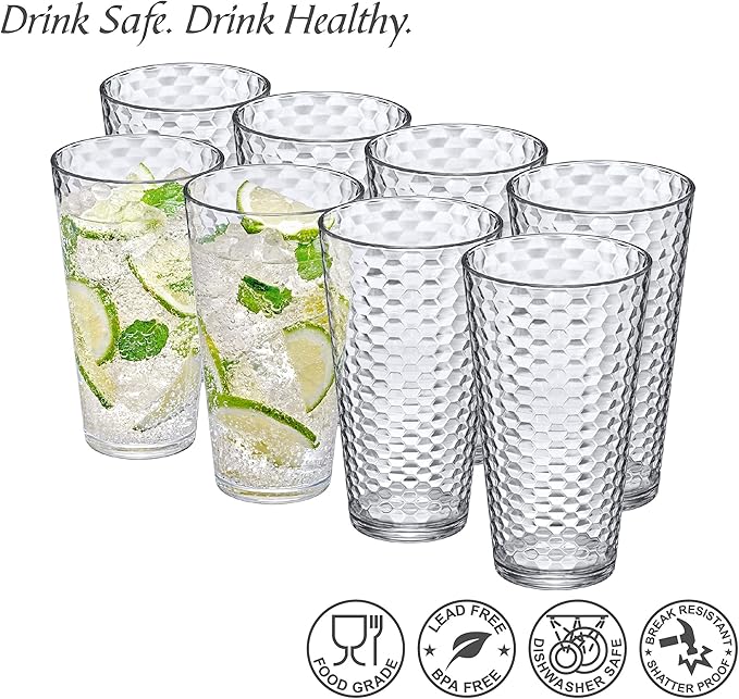 Amazing Abby - Snowflake - 24-Ounce Plastic Tumblers (Set of 8), Clear Reusable Plastic Cups, Stackable, BPA-Free, Shatter-Proof, Dishwasher-Safe