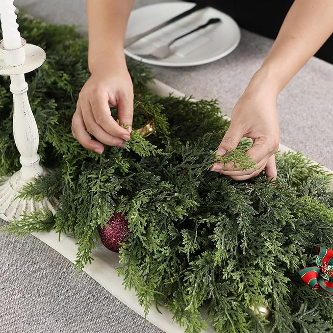 5FT Cedar Garland for Fireplace - Artificial Christmas Garland Thick and Lush Realistic Faux Cedar Fake Pine Needles Garland for Table,Window,Stairs,Mante,Indoor Outdoor Decor (2PCS)