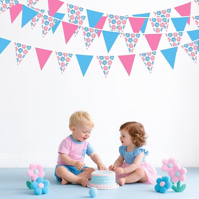 32Ft Cartoon Birthday Party Decorations Pink Blue Hawaiian Hibiscus Flower Triangle Flag Pennant Banner Fabric Garland Streamer for Luau Hawaii Tropical Ohana Baby Shower Gender Reveal Summer Decor