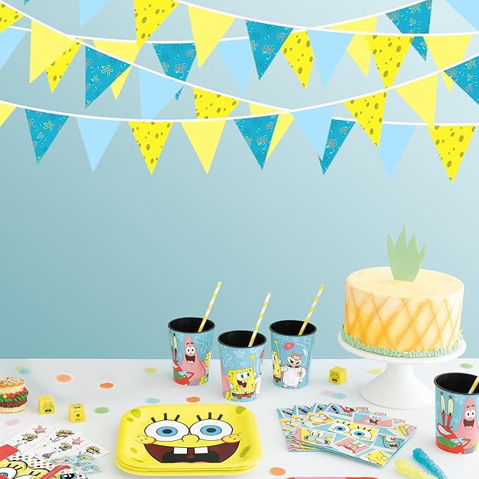 32Ft Cartoon Sponge Party Decorations Yellow Blue Flowers and Bubble Printed Triangle Flag Pennant Banner Fabric Garland Streamer for Kids Sponge Birthday Crtoon Baby Shower Party Decor