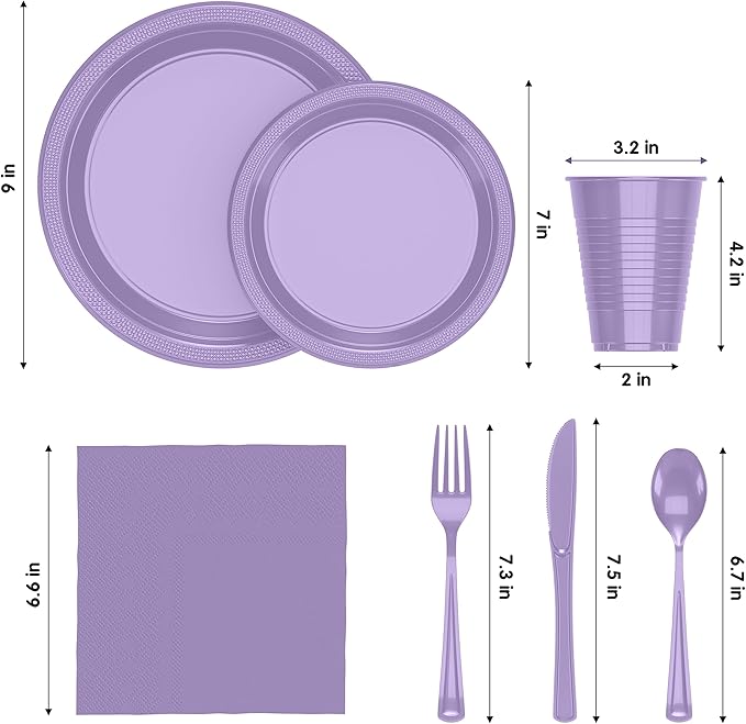 Party Solids 350 Pieces Lavender Plastic Plates For Party, Lavender Disposable Plates Set, 50 Of Each 9" Dinner Plate Set, 7" Dessert Plate, Cups, Napkins & Cutlery Plastic Dinnerware