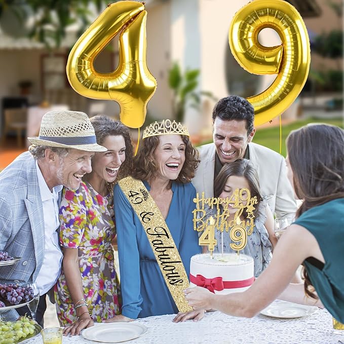 49th Birthday Decorations for Women Gold with 49th Birthday Sash and Tiara, Cake Topper and Candles,Number Balloons, 49 Year Old Gifts for Women