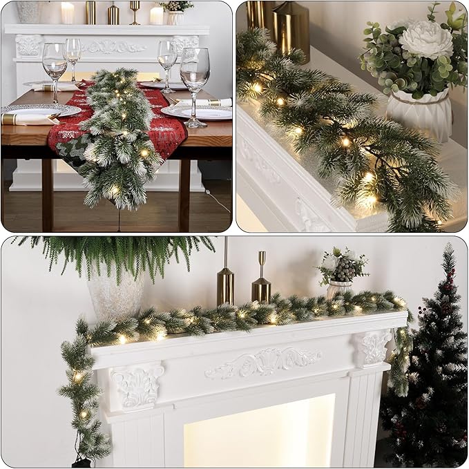 3 Pack Pre Lit Snow Flocked Christmas Garland 5.9 ft Artificial Christmas Garland with Warm White LED Light and Timer Frosted Faux Pine Winter Garlands for Home Indoor Outdoor Mantel Seasonal Decor