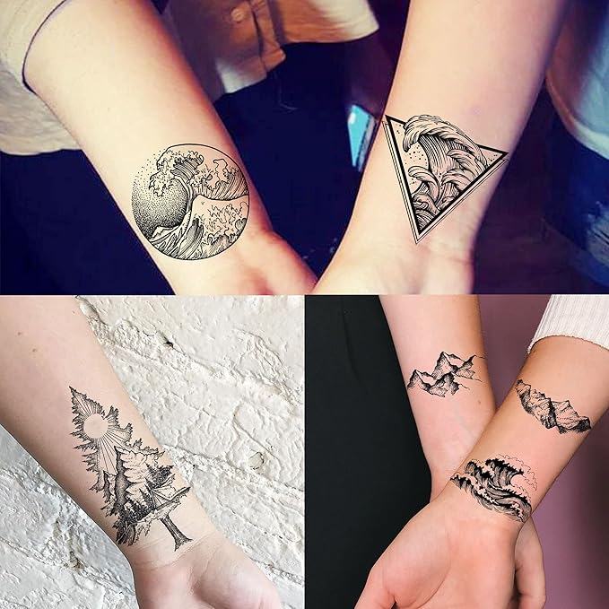 52 Sheets Small Black Mountain Temporary Tattoos For Men Women Adult, Geometric Sea Weave Forest Pine Tree Realistic Tattoo Sticker For Kids Children, Moon Sun Star Triangle Tatoos Outer Space