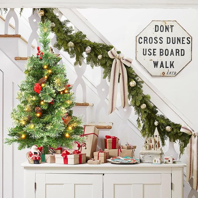 Joyhalo 3FT Christmas Tree Table Top, Small Pre Lit Christmas Tree, Artificial Xmas Tree with 135 Branches 70 Lights Battery Powered for Apartment Office Holiday Party Decor