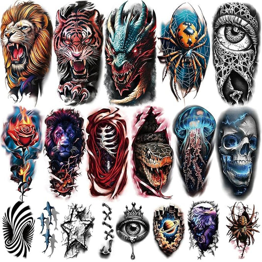 77 Sheets 3D Realistic Temporary Tattoos Adults Kids, Realistic Skull Tiger Wolf Lion Dragon Spider Snake Temporary Tattoos For Women Men, Half Arm 3D Halloween Temp Tattoos Look Real And Last Long