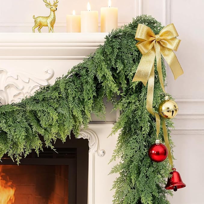 6FT Real Touch Cedar Garland - Artificial Christmas Garlands Faux Green Cedar Fake Pine Needles Garland for Fireplace Table Stair Mantle Window Indoor Outdoor Home Holiday Winter Christmas Decorations