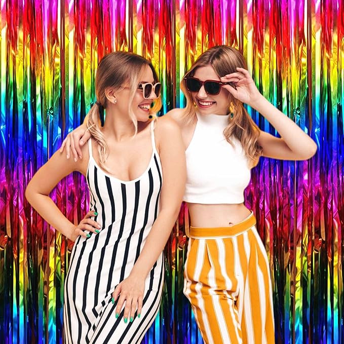 6 Pack Rainbow Foil Fringe Curtains Backdrop, 3.28 x 8.2 Ft Metallic Streamers Tinsel Curtains Background for Photo Booth, Birthday, Christmas, Halloween, Thanksgiving, New Year Party Decorations