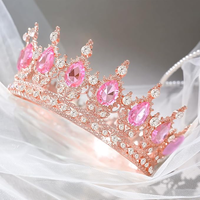 Rose Pink Crown for Women Crystal Tiara and Queen Crown for Girl Wedding Headband for Bride Hair Accessories for Costume Birthday Party Cake Decoration Prom