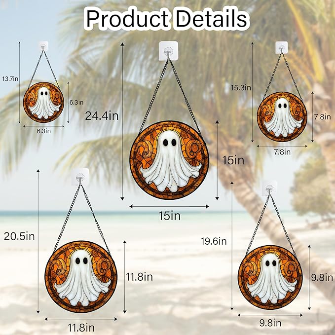 Stained Glass Window Hanging - Halloween Decoration Cute Ghost Suncatcher for Doors Garden Orange Black Spooky Sun Catchers Gothic Decor Horror Gifts for Women Men Friend Boy Girl 9.8 in