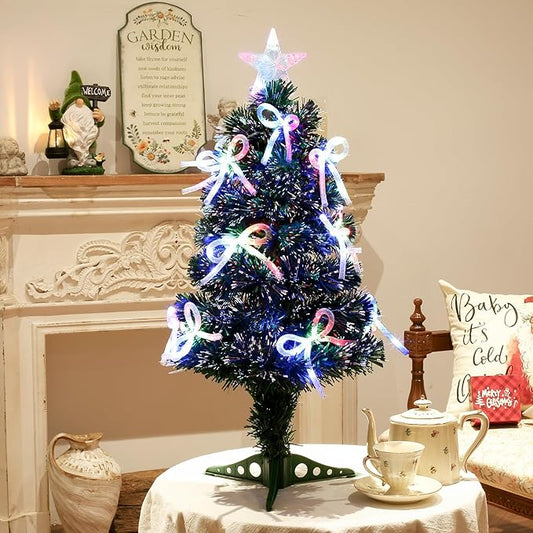 Joyhalo 3 FT Fiber Optic Mini Christmas Tree, Pre Lit Christmas Tree, Table Top Small Christmas Trees with Star Tree Topper，Bows, Metal Stand