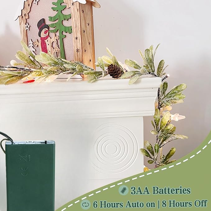 9FT Olive Greenery Garland, Pre-lit Christmas Garland Battery Operated with Timer, Faux Artificial Snowy Pine Garland for Mantle Holiday Winter Party Table Decor
