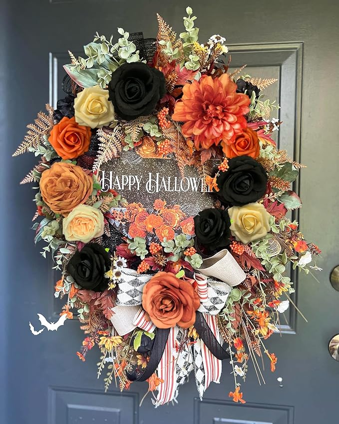 Roses Artificial Flowers Fall Orange Black Bouquet Box Set for DIY Halloween Wreath Autumn Wedding Bridal Shower Decorations Party Table Centerpieces Fake Floral Arrangement Home Decor Indoor