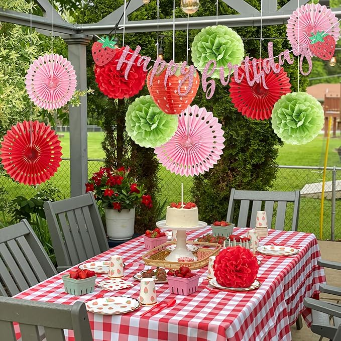 Strawberry Birthday Decorations, Strawberry First Birthday Decor with Strawberry Lantern, Red Pink White Paper Fans Hanging Decorations, Strawberry Baby Shower Decorations