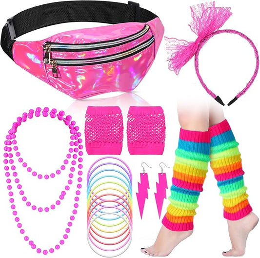 Handepo 19 Pcs 80s Costume Accessories Holographic Fanny Pack Leg Warmers Lace Headband Earrings Gloves Necklace Bracelet