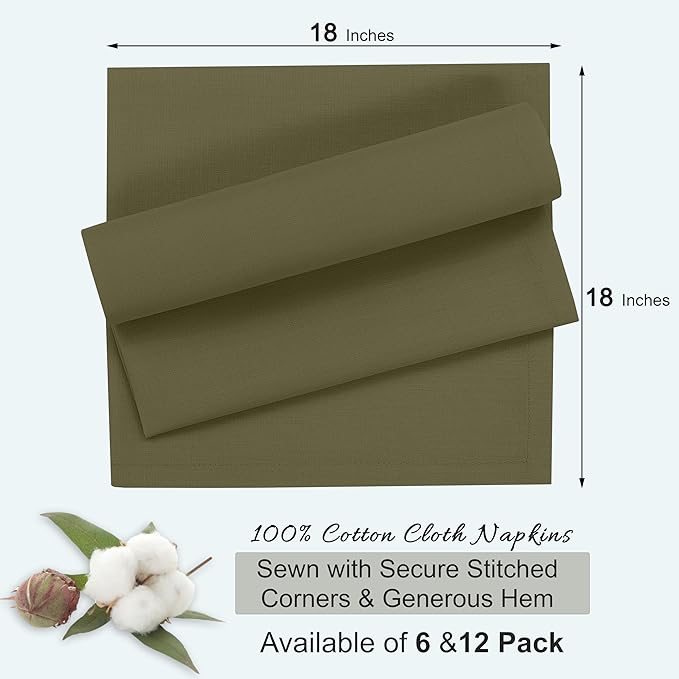 Ruvanti Cloth Napkins Set of 12, 18x18 Inches, 100% Cotton, Washable, Soft & Absorbent, Perfect for Wedding, Christmas, ‎Thanksgiving Dinners - Capulet Olive