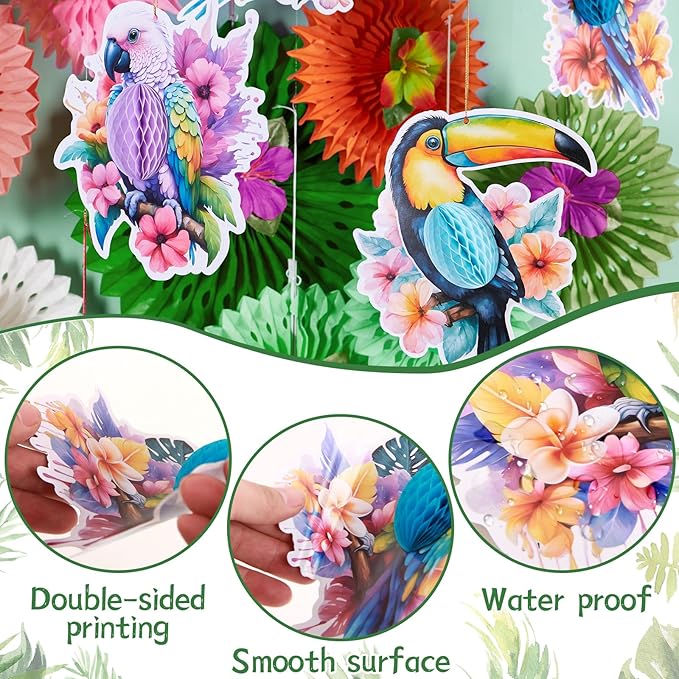 Tropical Birds Honeycomb Decorations, Parrot Honeycomb, Birds Hanging Decorations for Jungle Hawaiian Summer Beach Luau Party