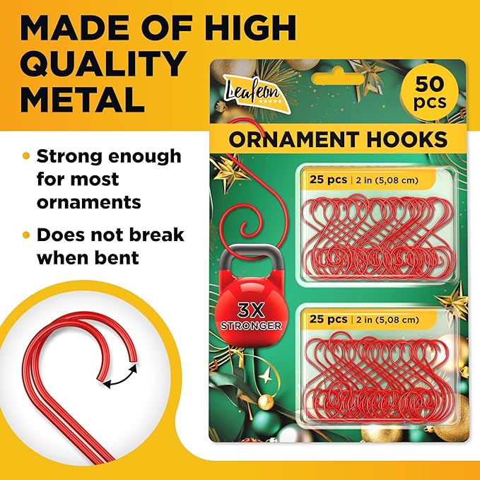 50 pcs S-Shaped Christmas Ornament Hooks – Perfect Ornament Hangers - Red Ornament Hooks for Christmas Trees Decoration