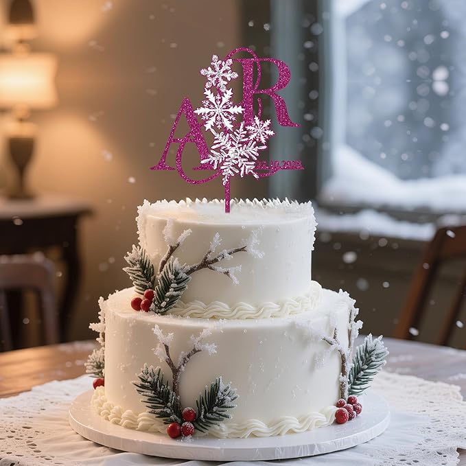 Customized Winter Wedding Cake Topper Personalized Bride & Groom's Initials and Wedding Date Cake Decoration with Snowflake