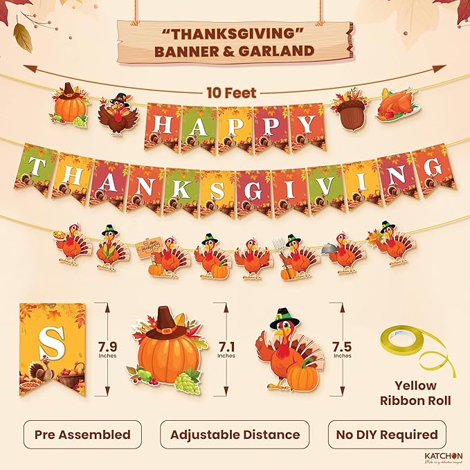 KatchOn, Happy Thanksgiving Banner - 10 Feet, No DIY | Pumpkin Turkey Decorations, Thanksgiving Decorations Indoor, Outdoor, Home | For Fall Decor, Harvest Decoration, Party Supplies