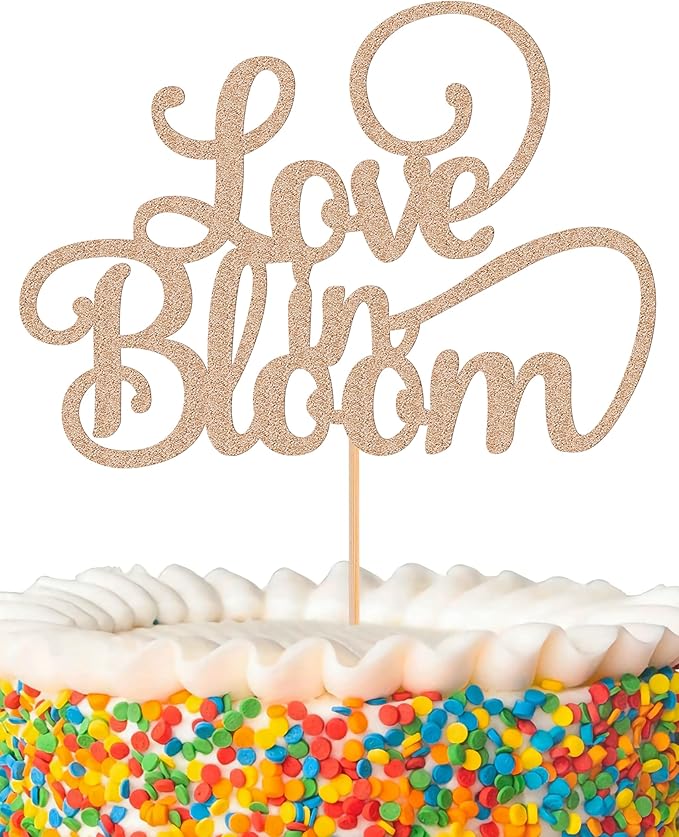 Love in Bloom Cake Topper - Glitter Rose Gold Bridal Shower Cake Decoration, Wedding & Engagement Cake Pick (Rose Gold)