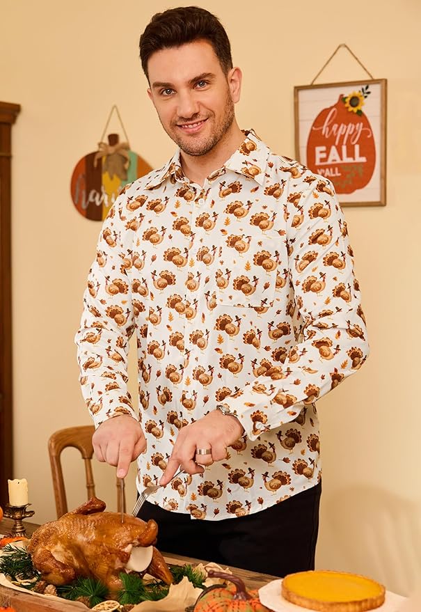 Arvilhill Men's Thanksgiving Long Sleeve Shirt Turkey Pattern Button Down Shirts Family Gathering Fall Festival Wear (S-3XL)