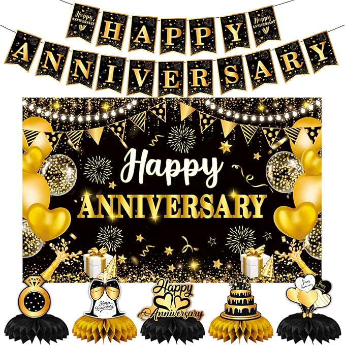 Happy Anniversary Decorations, Black and Gold Wedding Happy Anniversary Party Supplies - Happy Anniversary Banner,Backdrop 5.9 x 3.6Ft with 5pcs Honeycomb Centerpiece Decor