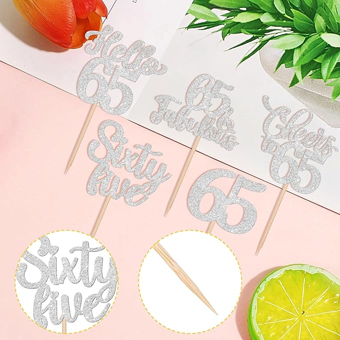 30PCS Happy 65th Birthday Cupcake Toppers Glitter Hello 65 Fabulous Sixty Five Cheers to 65 Years Old Birthday Cupcake Picks for Happy 65th Birthday Anniversary Party Cake Decorations Supplies Silver