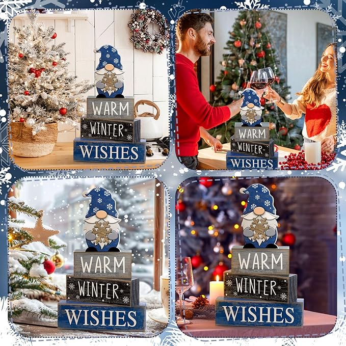 4 Pcs Christmas Table Decorations Wooden Gnome Decor Winter Tiered Tray Decor Christmas Centerpiece Rustic Decorative Gnome Snowflake Block Sign Gift Farmhouse Xmas Signs for Home Kitchen