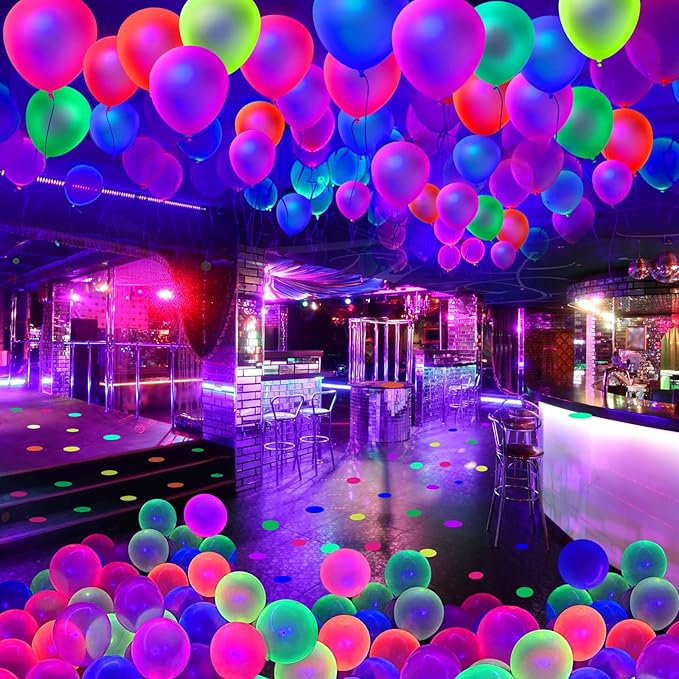 110 PCS UV Neon Balloons, Blacklight Reactive Fluorescent Balloons Glow in the Dark Birthday Decorations for Birthday, Wedding, Neon Party, Glow Party Decorations Supplies
