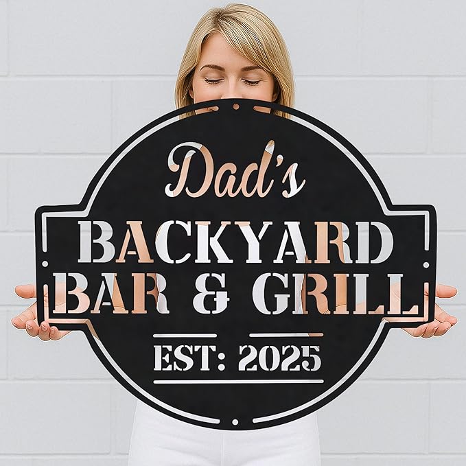 BBQ Grill Metal Sign for Dad - Custom Outdoor Bar Kitchen Name Sign - Backyard Barbecue Hanging Decor - Personalized Gift for Grandpa, Husband, Father