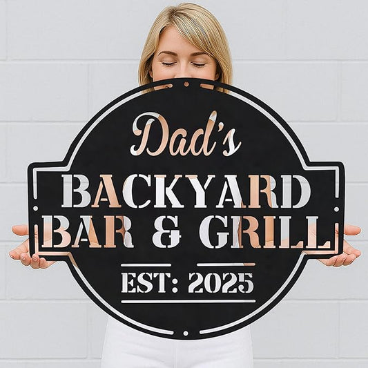 BBQ Grill Metal Sign for Dad - Custom Outdoor Bar Kitchen Name Sign - Backyard Barbecue Hanging Decor - Personalized Gift for Grandpa, Husband, Father