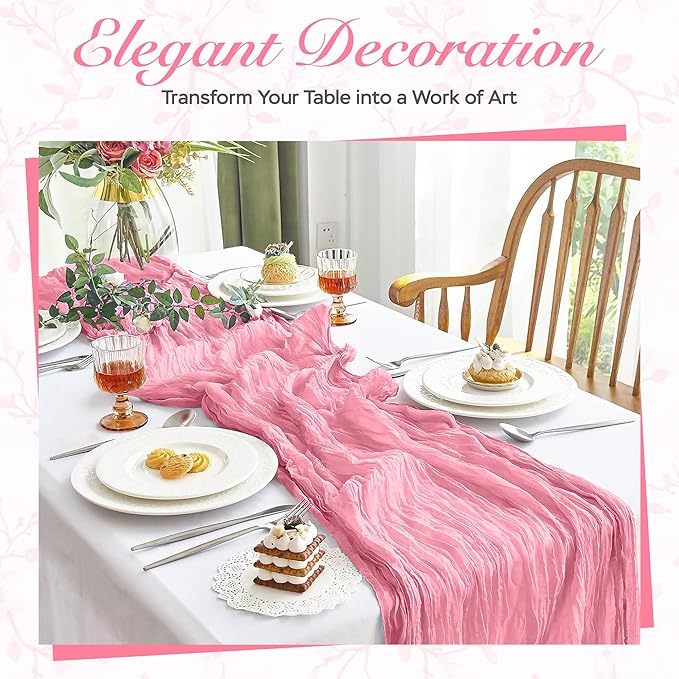 Cheesecloth Table Runner 3 Pack – 35x120 Inch (10ft) Boho Rustic Gauze Cloth Runners – Crinkle Polyester Table Decor for Wedding, Baby Shower, Bridal Shower, Birthday Party and More (Pink)