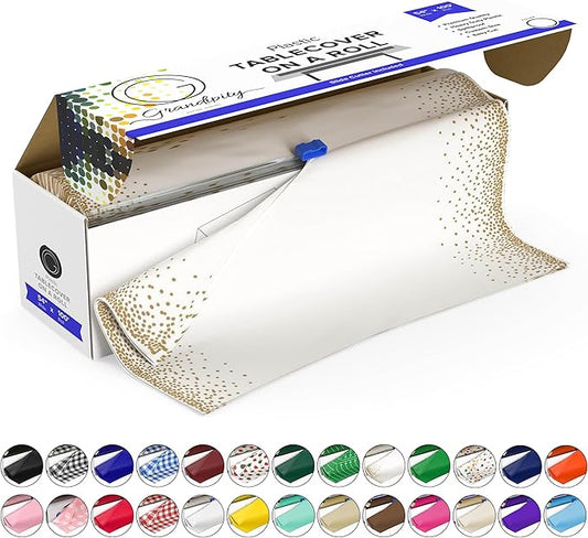 Grandipity Plastic Tablecloth Roll - 54in x 100 Ft. Gold Dots Plastic Table Cloths for Parties Disposable with Cutter Box - Cut to Size Disposable Tablecloth Table Cover for Rectangle & Round