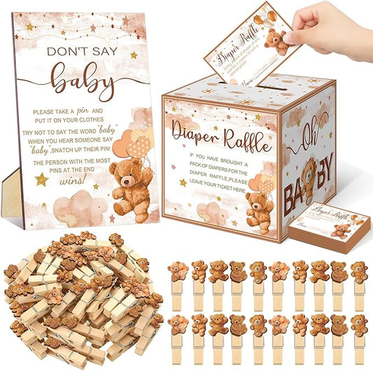 102 Pcs Bear Baby Shower Game Supplies Diaper Raffle Ticket with Diaper Raffle Card Box Don't Say Baby Sign Mini Bear Clothespin Game Decor for Gender Reveal Favor