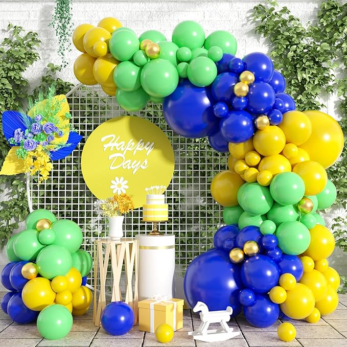 Paready Blue Green Balloons Garland Arch Kit,117Pcs Royal Blue Green Yellow Balloons Arch for Fruit Theme Birthday Wedding Bridal Shower Graduation Jungle Baby Shower Party Decorations