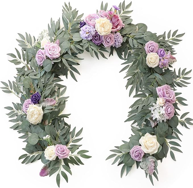 Floroom 6ft Artificial Eucalyptus Garland with Flowers Fake Greenery Faux Floral Vine Garland for Table Decor Wedding Centerpieces Bridal Shower Party Decorations, Lilac & Lavender