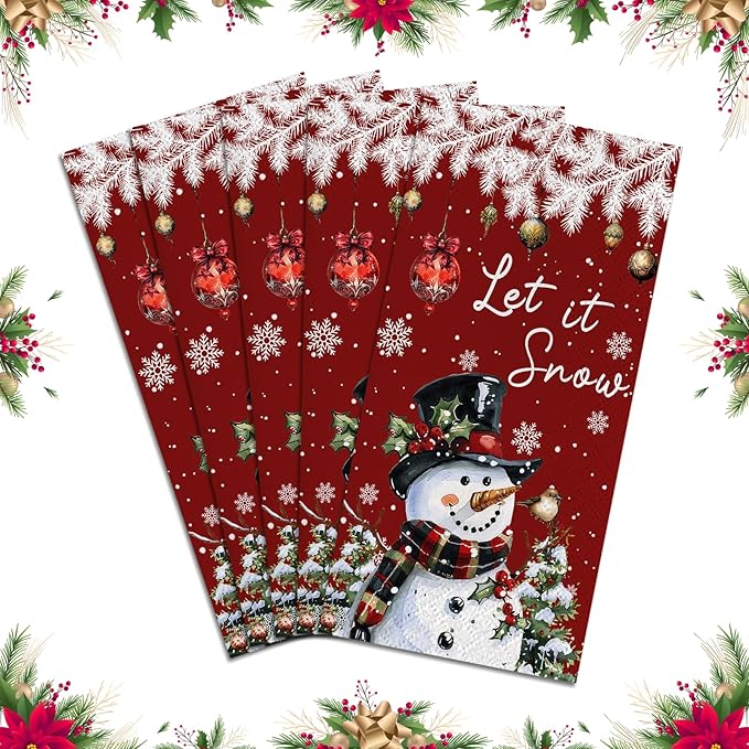 100 Pcs Christmas Paper Napkins 2 Ply Snowman Disposable Hand Towels for Bathroom Kitchen Snowman Guest Napkins for Christmas Winter Holiday Party Supplies