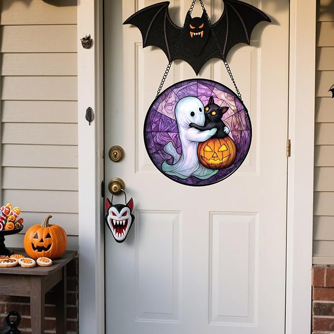 Stained Glass Window Hanging - Halloween Decorations Ghost Black Cat Pumpkin Suncatcher for Door Garden Spooky Purple Sun Catchers Gothic Decor Horror Gifts for Women Men Friend Boy 9.8 in