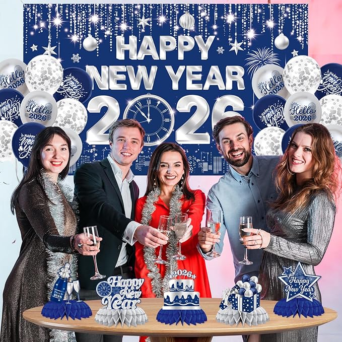 New Years Decorations 2026,Happy New Years Eve Party Supplies Blue and Silver Nye Party Decorations With Backdrop Door Banner Hanging Swirls Honeycomb Balloon