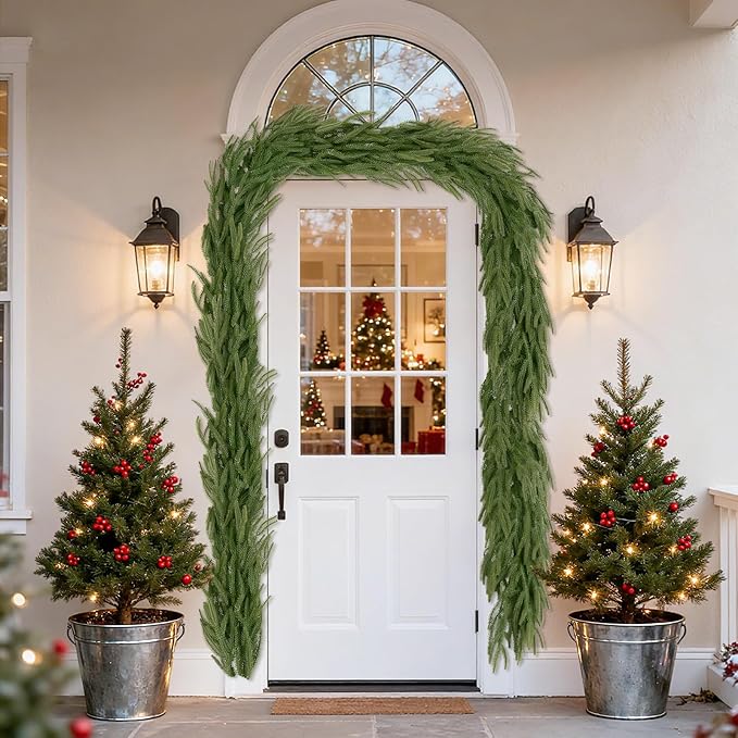 U'Artlines 1Pcs Christmas Norfolk Pine Garland, 9 Ft Xmas Faux Greenery Garland Real Touch Winter Cedar Garlands for Table Stairs Mantle Fireplace Holiday Decoration