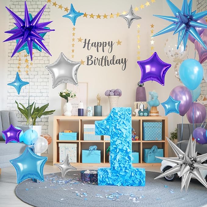 16 Pcs Blue Purple Silver Star Balloons, 22/18/10 Inch Foil Balloons, Four-Pointed Balloon for Boy Men Birthday Graduation Wedding Baby Shower Galaxy Space Party Decorations