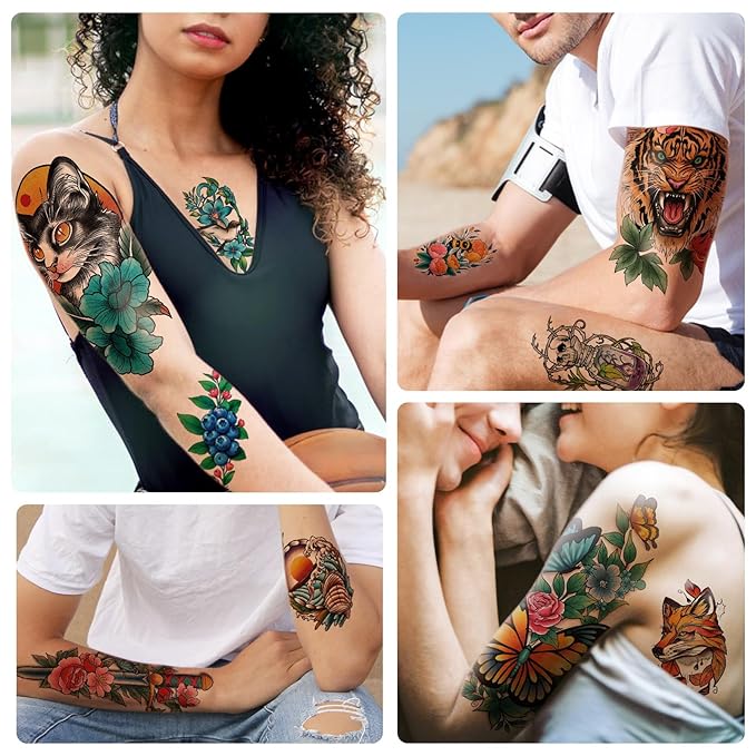 77 Sheets Temporary Tattoo for Women Men, 17 Sheets Half Arm Skull Fox Tiger Cat Parrot Snake Fake Tattoos, 60 Sheets Vintage Traditional Tiny for Adult Kids Body Tattoos Stickers Waterproof Realistic