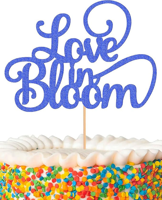 Love in Bloom Cake Topper - Glitter Dark Blue Bridal Shower Cake Decoration, Wedding & Engagement Cake Pick (Dark Blue)